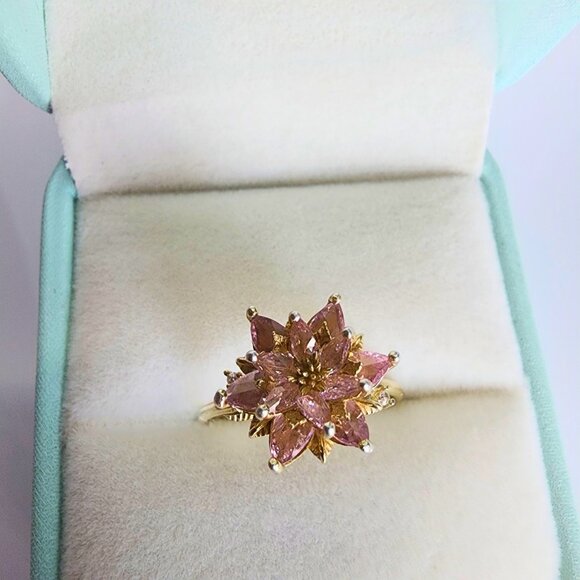 Gold-plated Sterling Silver Lotus Flower Pink Quartz US SZ 7 - Picture 4 of 8